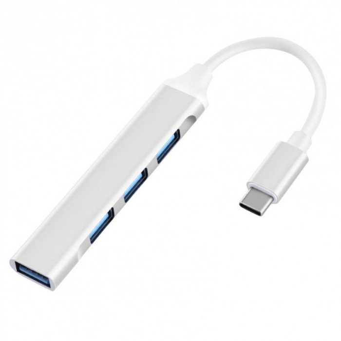 USB HUB Techstar&reg; Diviso, USB Type-C la 4 x USB 3.0, Aluminium, Compact, Usor, OTG, Argintiu