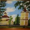 Tablou cusut goblen vechi inramat lucrat manual peisaj cu biserica 1980 45.5x35.5