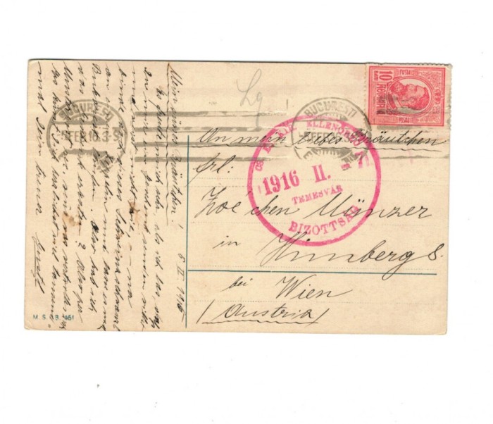 1916 - Carte postala circulata Bucuresti-Wiena, cenzurata la Timisoara