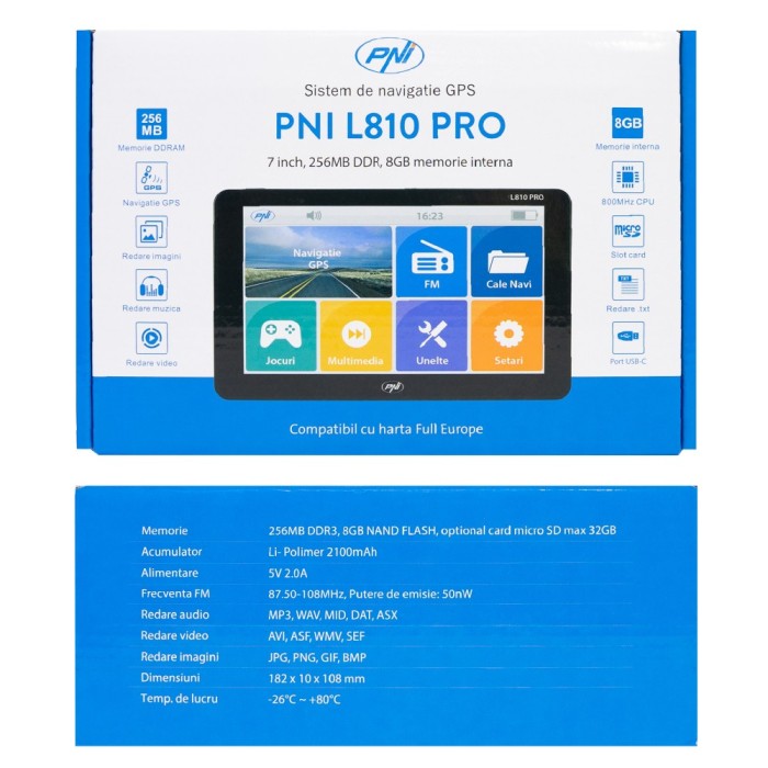Sistem de navigatie GPS PNI L810 PRO ecran 7 inch, 800 MHz, 256MB DDR, 8GB memorie interna, FM transmitter
