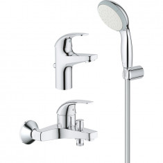 Pachet baterii Grohe Start Curve: baterie cada + baterie lavoar + para de dus cu suport, cartus ceramic, 1/2, diverter, crom