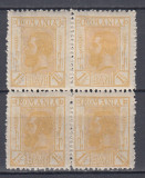 ROMANIA 1911 LP 68 CAROL I SPIC DE GRAU BLOC DE 4 TIMBRE MNH/SARNIERA