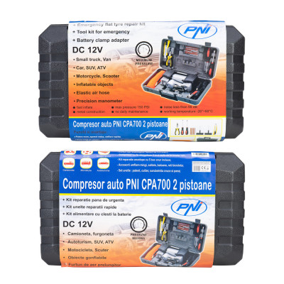 Aproape nou: Compresor auto PNI CPA700 dublu piston si kit reparatie anvelope, 12V, foto