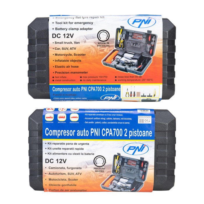 Resigilat : Compresor auto PNI CPA700 dublu piston si kit reparatie anvelope, 12V,