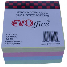 Notite Autoadezive EVOffice Cub Color, Dimensiune 75x75 mm, 400 File, 4 Culori Pastel foto