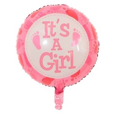 Balon din folie metalizata, flippy, figurina rotunda, model it&#039;s a girl, tema gender reveal, 45 cm, ambalaj individual, pai inclus, umflare cu aer sau