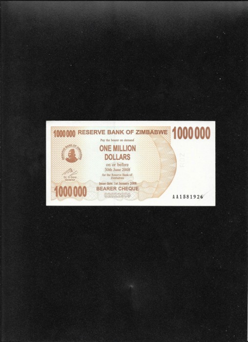 Rar! Zimbabwe 1000000 un milion dolari dollars 2008 seria1581926 aunc