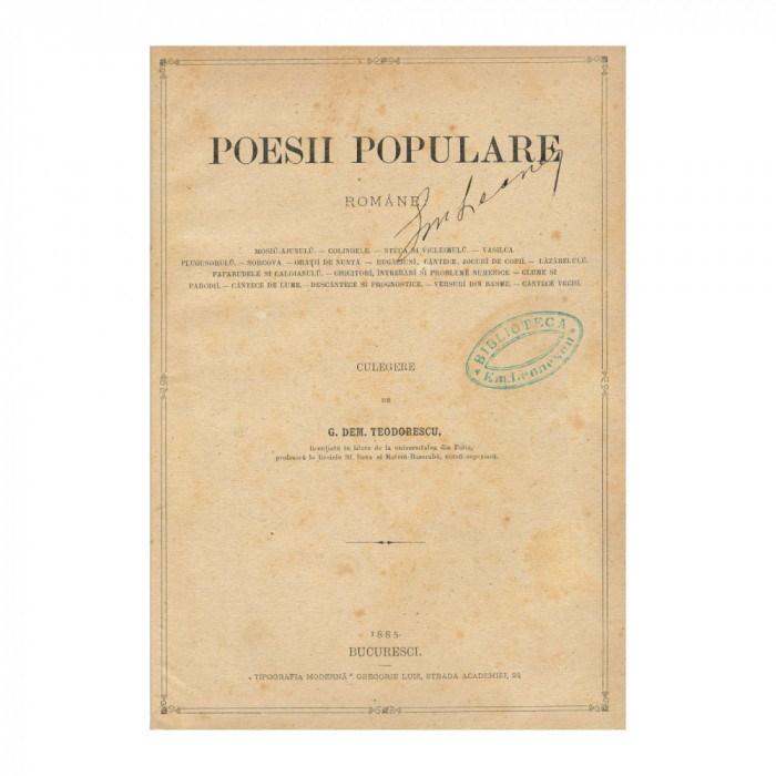 G. Dem. Teodorescu, Poesii Populare, 1885