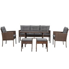Set mobilier gradina/terasa, maro si gri, ratan sintetic, 1 masa, 2 scaune, 1 canapea, 2 tabureti, Vaduz