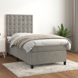 VidaXL Pat box spring cu saltea, gri deschis, 90x190 cm, catifea