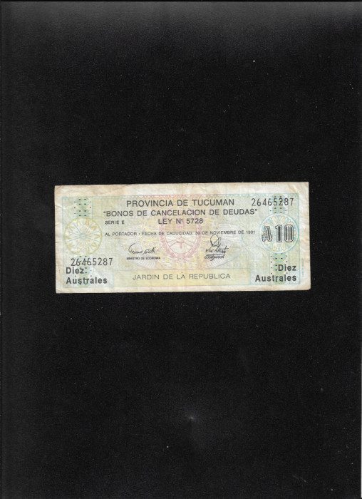 Rar! Argentina 10 australes 1991 Tucuman seria26465287