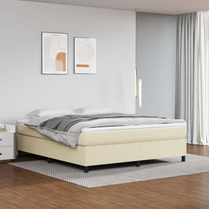 vidaXL Pat box spring cu saltea, crem, 160x200 cm, piele ecologică