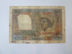 Raritate!Comores/Comoros-Banca Madagascarului 50 Francs 1963 cu supratipar rosu foto