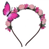 Set Hawaii: Bentita cu Flori si Fluturi Multicolor, Roz, Verde, Alb - Accesorii Carnaval, Petreceri Femei