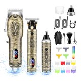 Masina de tuns si aparat de ras, 3 in, profesionala, trimmer cu lama T pentru par/barba/par corporal/nas, cu acumulator, afisaj LED, set, rezistent la
