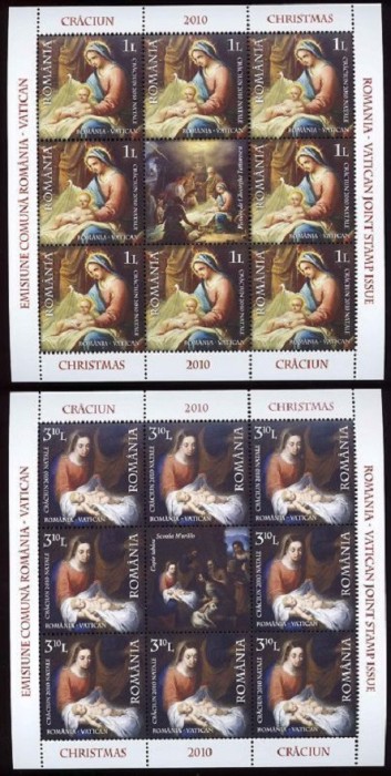 Pictura - Emisiune comună Rom&acirc;nia - Vatican, Crăciun, minicoală de 8 timbre și 1 vinietă, 2010, LP 1885e