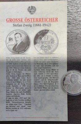 MEDALIE DIN ARGINT AUSTRIA - SERIA PERSONALITATI, CU CERTIFICAT, STEFAN ZWEIG foto