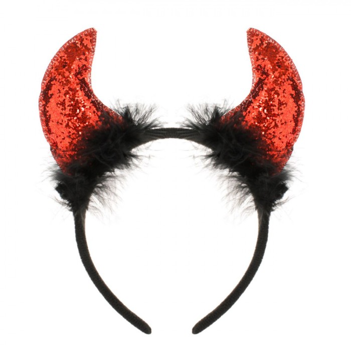 Coroniță Halloween, Model Diavol, Coarne cu Glitter Roșu și Pene Negre