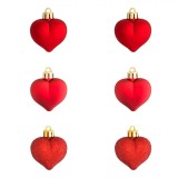 Set Ornamente Crăciun, Inimi, 6 Bucăți, Plastic, Culoare Roșie, Textură Mată și Strălucitoare cu Glitter, Dimensiune 5cm, Oem