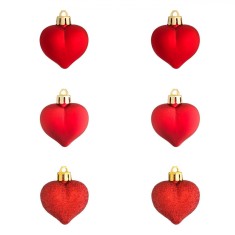 Set Ornamente Crăciun, Inimi, 6 Bucăți, Plastic, Culoare Roșie, Textură Mată și Strălucitoare cu Glitter, Dimensiune 5cm