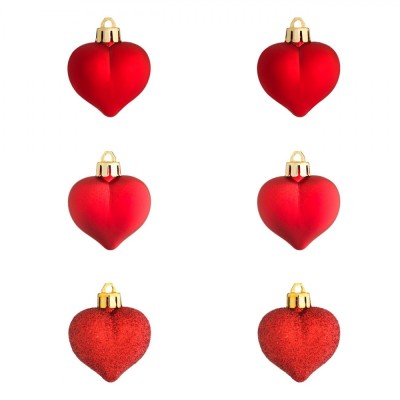 Set Ornamente Crăciun, Inimi, 6 Bucăți, Plastic, Culoare Roșie, Textură Mată și Strălucitoare cu Glitter, Dimensiune 5cm foto