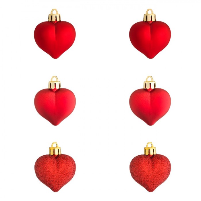 Set Ornamente Crăciun, Inimi, 6 Bucăți, Plastic, Culoare Roșie, Textură Mată și Strălucitoare cu Glitter, Dimensiune 5cm