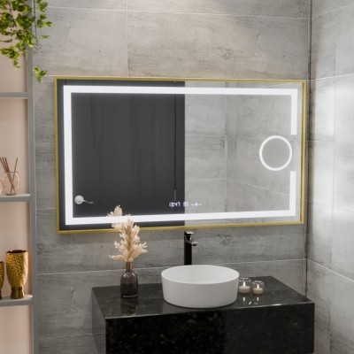 Oglinda LED Rectangulara, 120x80cm, Eclat MotionGlow Marcello, Sistem Dezaburire, Ceas &amp;amp; Termometru, Lupa Cosmetica, Dimabila, Rama Auriu Brushed Mode foto