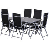 Set mobilier gradina/terasa, aluminiu, blat sticla, negru si argintiu, 1 masa, 6 scaune, Ash GartenVIP DiyLine, ART