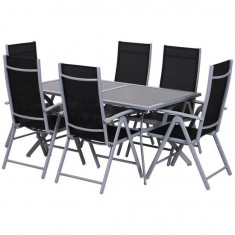 Set mobilier gradina/terasa, aluminiu, blat sticla, negru si argintiu, 1 masa, 6 scaune, Ash GartenVIP DiyLine