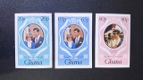 Ghana 1981 Nunta Regală Prințul Charles și Prințesa Diana Set Complet 3 Timbre NEPERFORATE MNH Neștampilat - A183