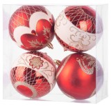 Set 4 globuri rosii pentru brad, cu ornamente festive, 10 cm