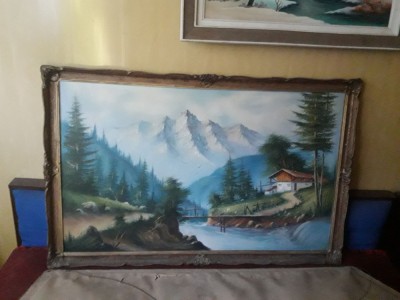 2 Tablouri vechi mari,2 Picturi pe panza,pictura veche pe panza cu ramele origin foto