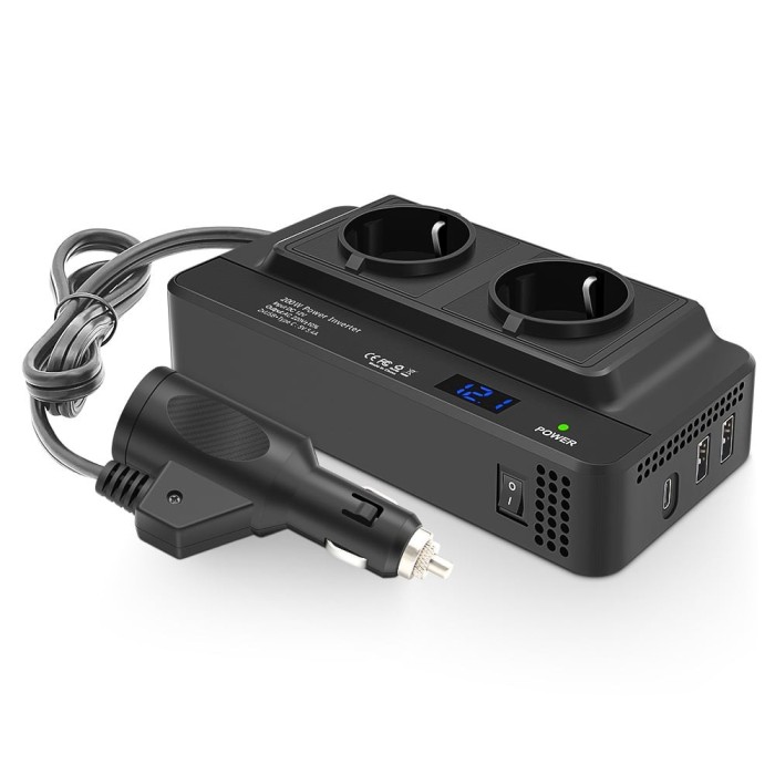 Invertor de Putere Sinusoidal Techstar&reg;, 200W~400W, 12V la 220V &ndash; 2 Prize AC EU, 2 Porturi USB QC și 1 USB-C, cu Afisaj Digital și Tehnologie PD