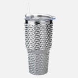 Pahar din plastic cu pai, 850 ml, argintiu, cu capac, CMCLASS