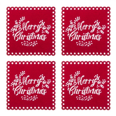 Set Suporturi Pahare, Model Crăciun, Culoare Roșu, Mesaj Perforat, 12cm, 4 Bucăți foto