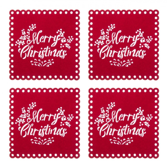 Set Suporturi Pahare, Model Crăciun, Culoare Roșu, Mesaj Perforat, 12cm, 4 Bucăți