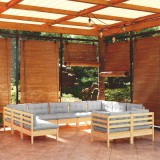 vidaXL Set mobilier grădină cu perne, 11 piese, gri, lemn masiv pin 3097258