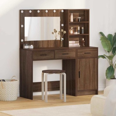 Set masă toaletă cu LED, 2 piese, stejar negru, lemn prelucrat foto