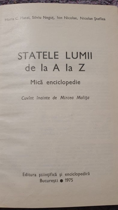 Statele lumii de la A la Z, mica enciclopedie 1975, 430 pagini, stare buna