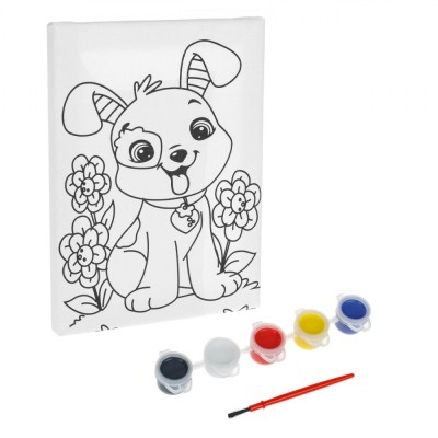 Set Pictură Canvas, Model C&amp;acirc;ine, 20x15cm, 5 Vopsele Acrilice, 1 Pensulă, Multicolor foto