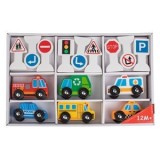Set 15 piese Vehicule din Lemn cu Roti si Indicatoare Rutiere, Multicolor, CMCLASS