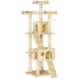 PawHut Copac Zg&acirc;rietoare pentru Pisici cu 3 Platforme, 2 Căsuțe și Jocuri Suspendate, din Lemn și Blană, 49x49x173 cm, Cremă | Aosom Romania