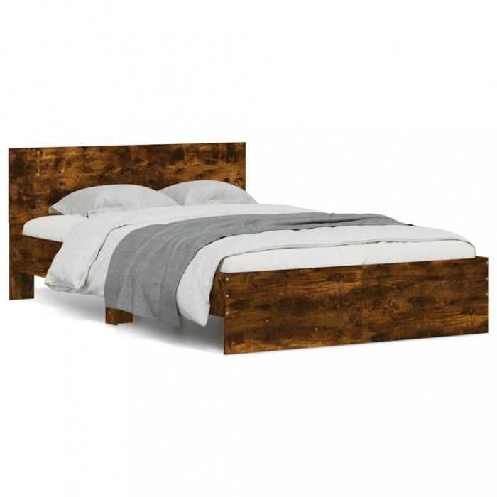 vidaXL Cadru de pat cu tăblie și LED, stejar fumuriu, 135x190 cm 3207634