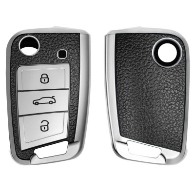 Husa Cheie Auto pentru VW / Skoda / Seat - 3 Butoane, kwmobile, Silicon, Silver / Negru, 54022.04 foto