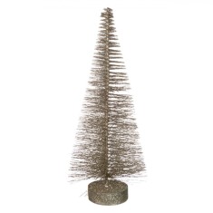 Decoratiune Crăciun, Brad Conic, Culoare Bej, Glitter, Bază Lemn, 35 cm