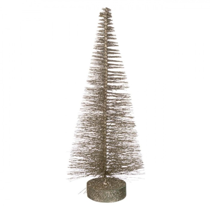 Decoratiune Crăciun, Brad Conic, Culoare Bej, Glitter, Bază Lemn, 35 cm