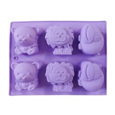 Forma silicon pentru prajituri cu Animale, Urs, Leu, Hipopotam, 6 cavitati, Mov, 24 cm, 490COF