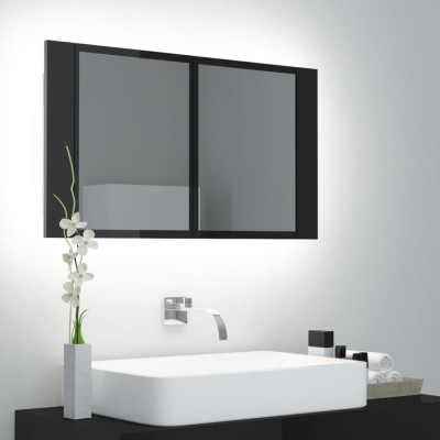 Dulap baie cu oglindă &amp;amp; LED negru extralucios 80x12x45 cm acril foto