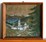 Manastire in munti - acuarela originala semnata, tablou inramat 28,5x26,5cm, Peisaje, Altul