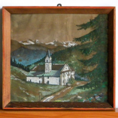 Manastire in munti - acuarela originala semnata, tablou inramat 28,5x26,5cm